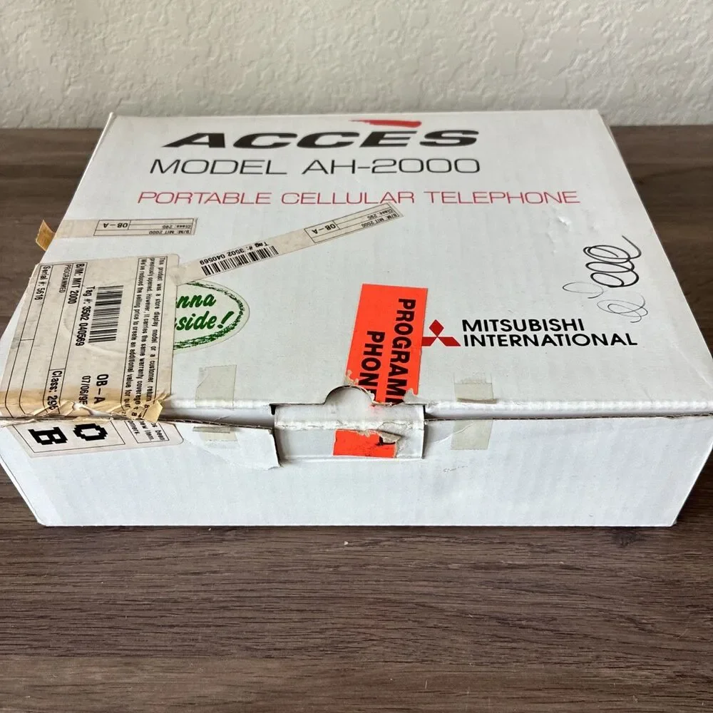 Vintage Acces Cellular Phone With Base, Antenna, Box And Manual, Mitsubishi Intl